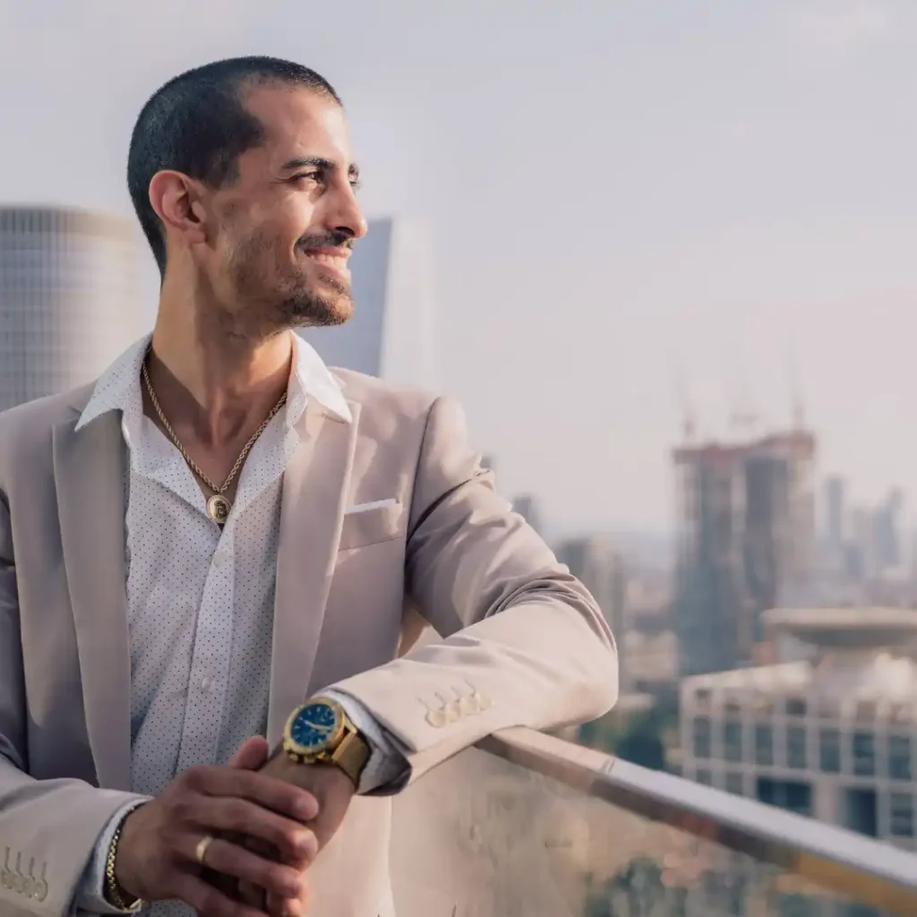 Confident professional looking towards the city skyline, symbolising new career possibilities for late bloomers